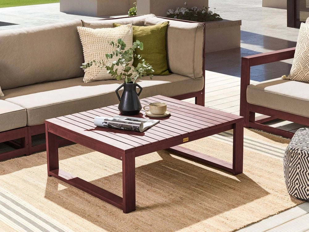 Tavolino da caffè da giardino in legno di acacia rosso mogano 90 x 75 cm da esterno moderno elegante