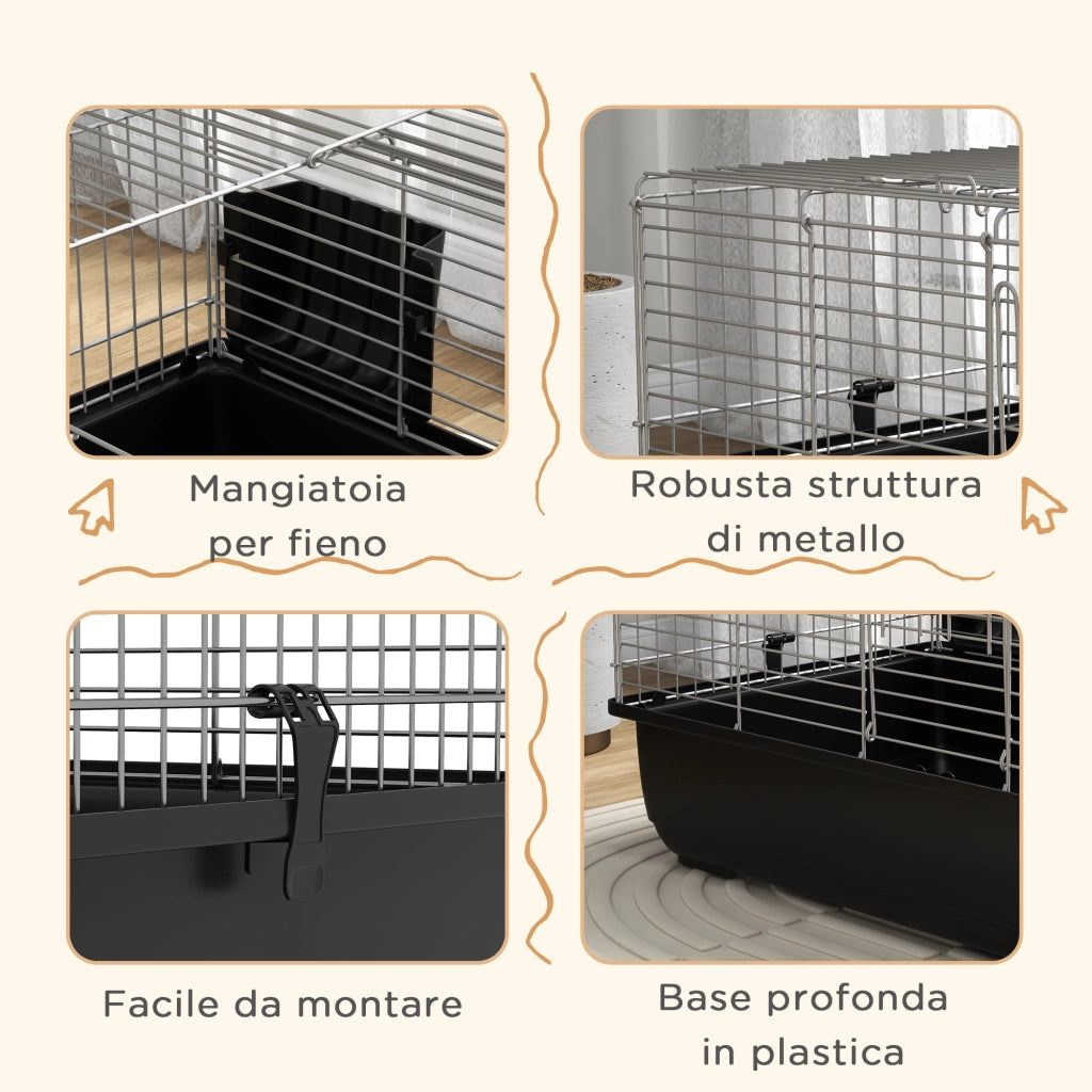 Gabbia per Conigli 2 Porte ¨C zephmum ¨C Nero Argento Metallo Plastica 100x55x41 cm