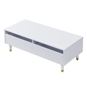 Tavolino da caffè con 2 Cassetti e LED 7 Colori; Frontale Ondulato; Gambe Legno Massello Oro-Bianco; MDF; Bianco