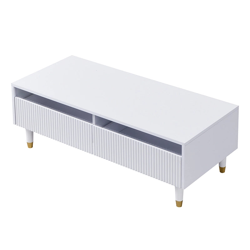 Tavolino da caffè con 2 Cassetti e LED 7 Colori; Frontale Ondulato; Gambe Legno Massello Oro-Bianco; MDF; Bianco