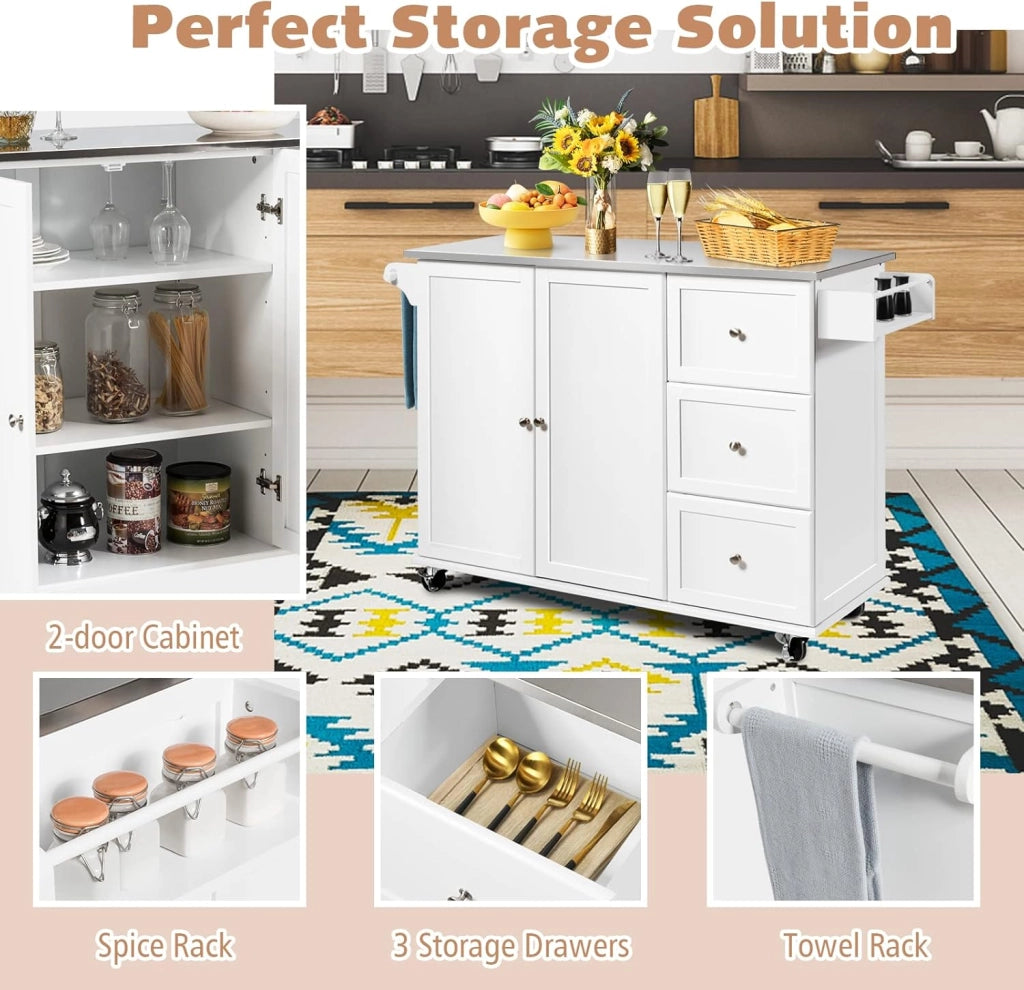 Carrello da cucina con piastra in acciaio inox, armadio da cucina con ruote, isola mobile con 3 cassetti e ripiani regolabili, carrello da servizio, carrello da cucina, carrello da cucina, 135