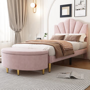 Letto singolo 90 × 200 cm con testiera regolabile e panca contenitore, senza materasso, in velluto rosa