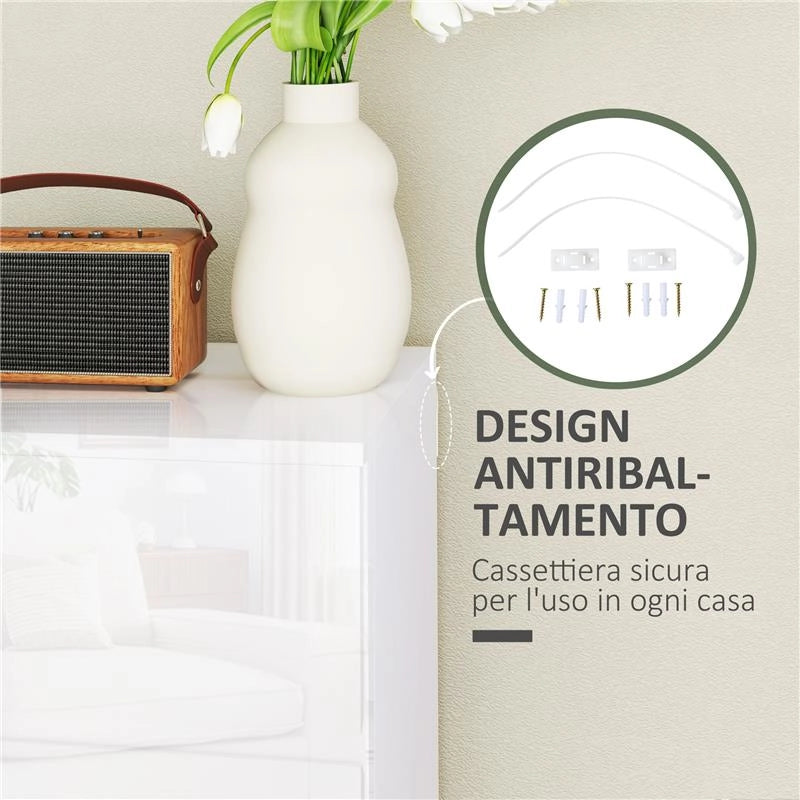 CASSETTIERA MODERNA 4 CASSETTI ANTIRIBALTAMENTO IN LEGNO, 55X33X80 CM, BIANCO LUCIDO