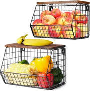 Organizzatore da cucina con coperchio in legno per frutta e verdura, 4 ganci, metallo nero, fissaggio a muro, mandata per frutta e snack.
