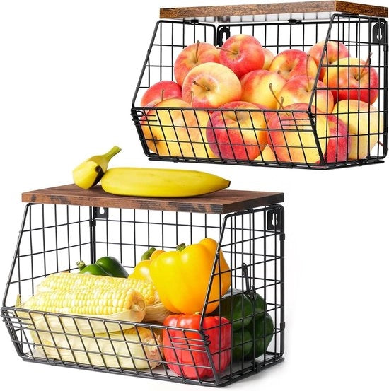 Organizzatore da cucina con coperchio in legno per frutta e verdura, 4 ganci, metallo nero, fissaggio a muro, mandata per frutta e snack.