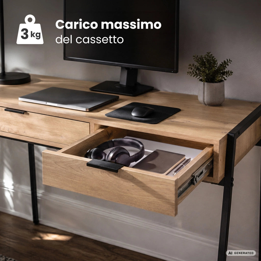 Scrivania industriale per computer Rovere Artisan ZENTIA 100 cm 2 cassetti gambe nere