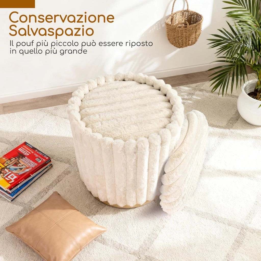 Set di 2 Pouf Contenitori Rotondi, 32L + 21L, Poggiapiedi in Pelo di Coniglio con Coperchi Rimovibili e Scomparti Nascosti, Sgabelli Imbottiti Impilabili per Soggiorno e Camera da Letto