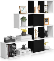 Libreria in Legno, 5 Livelli con Ante, Scaffale Multifunzionale a Forma di Scala, Ideale per Soggiorno Studio Ufficio, 120x19,5x109cm (Nero e Bianco)
