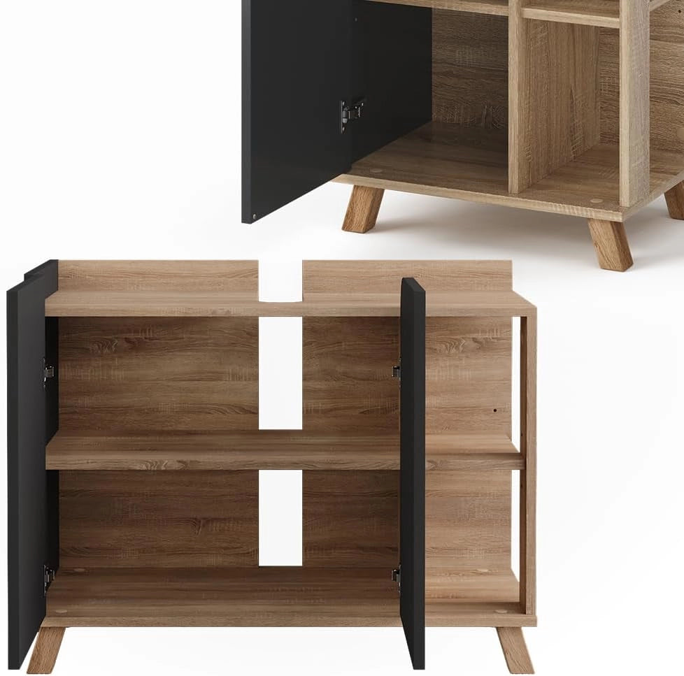 Set di mobili da bagno Karen, Sonoma/antracite, 80 cm, composto da mobile sottolavabo, specchiera e mobile medio