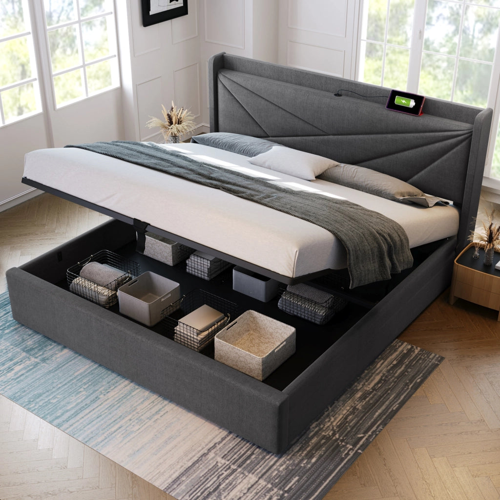 Letto contenitore matrimoniale 140×200 cm con USB e Type-C; rete; materasso incluso; grigio