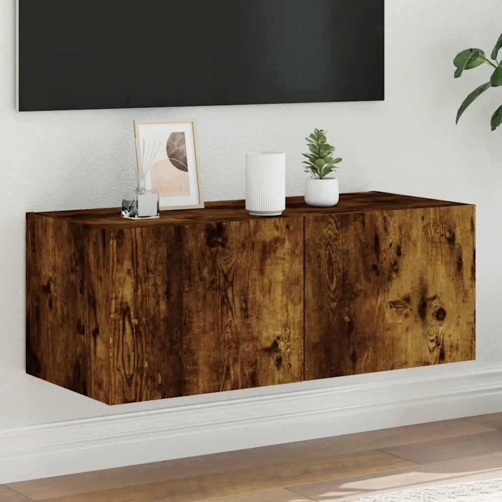 Mobile TV a Parete | Armadietto TV | Mobile Porta TV con Luci LED Rovere Fumo 80x35x31 cm