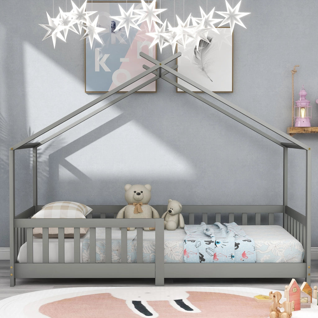 DESMIU Letto a Casetta per Bambini 90 × 200 cm 1 Posto con Sponde di Sicurezza e Spazio Contenitivo, senza Materasso, Grigio
