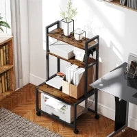 Carrello Porta Stampante a 4 Livelli con Prese di Corrente, Ruote e Telaio in Metallo, 55x37.5x100 cm, Marrone