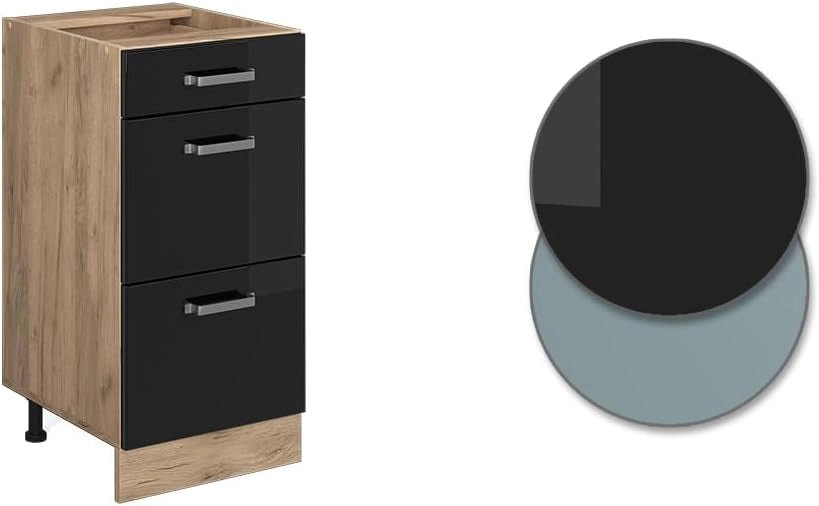 Mobiletto base per cucina R-Line, Nero lucido, 40 cm con cassetti, senza piano di lavoro, per la libera combinazione all'interno di sistemi cucina modulari