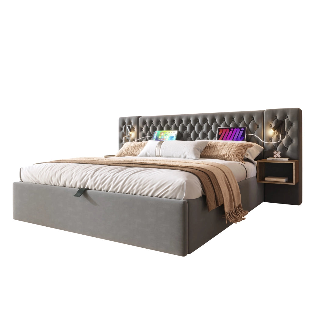 OKWISH Camera Completa con Letto Contenitore Idraulico 180 x 200 cm e 2 Comodini con Luci da Lettura e Porte USB, Velluto Grigio