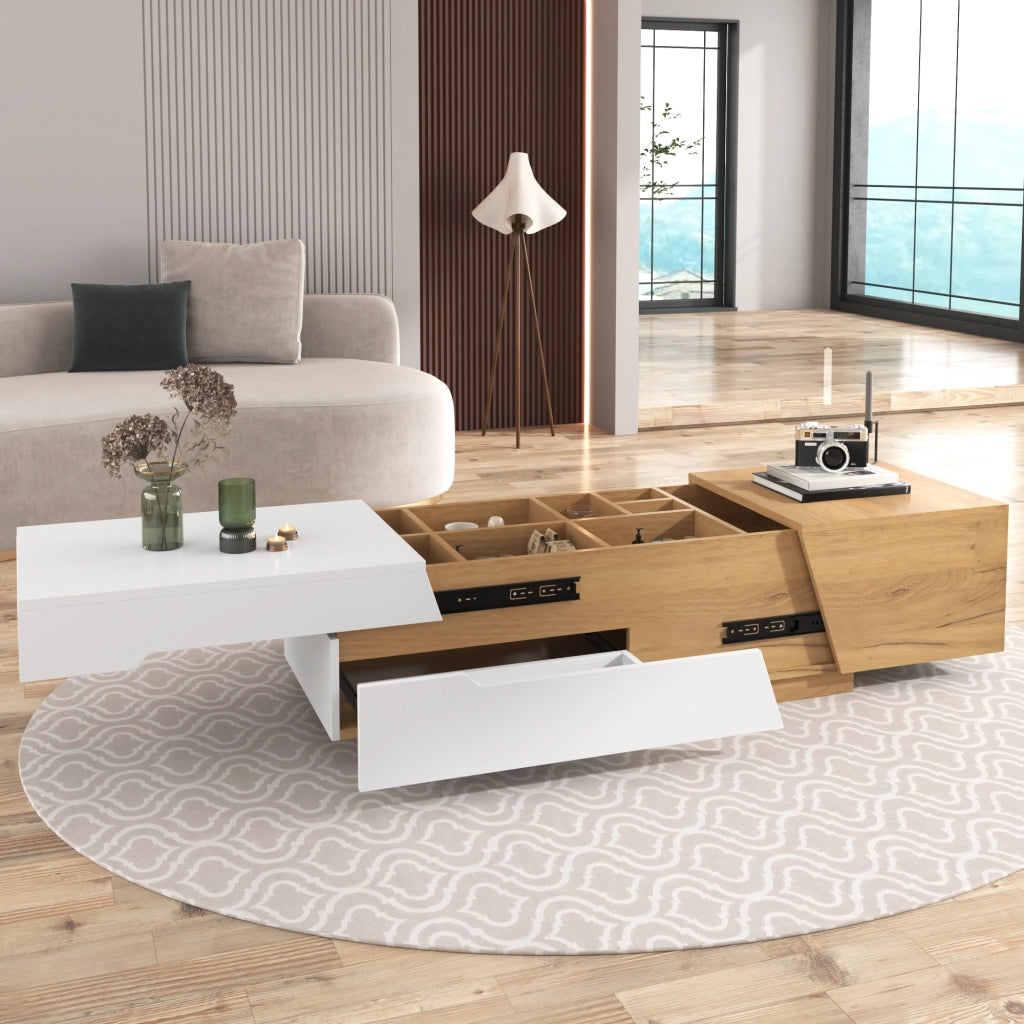 OKWISH Tavolino da Caffè con Piano Scorrevole e 2 Cassetti, Vani Interni, per Soggiorno, MDF, Bianco e Naturale, 120×50×37.5 cm
