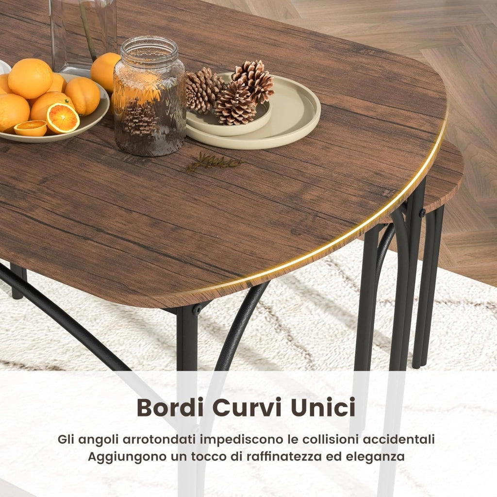 Tavolo da Pranzo con 2 Panche, Set di Tavolo e Panca in Legno e Metallo per 4 Persone, Set Mobile Salvaspazio e Moderno da Cucina, Sala da Pranzo e Soggiorno, Marrone