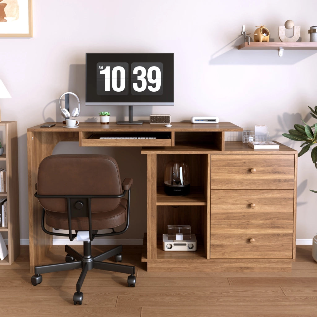 Scrivania con piano estraibile; 2 vani e 3 cassetti - per studio - in MDF - noce