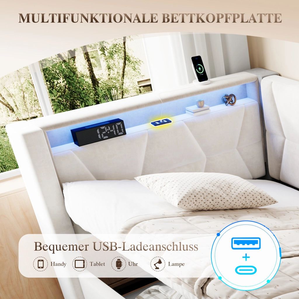 LETTO imbottito contenitore 90x200 cm in velluto beige con LED, USB e Type-C