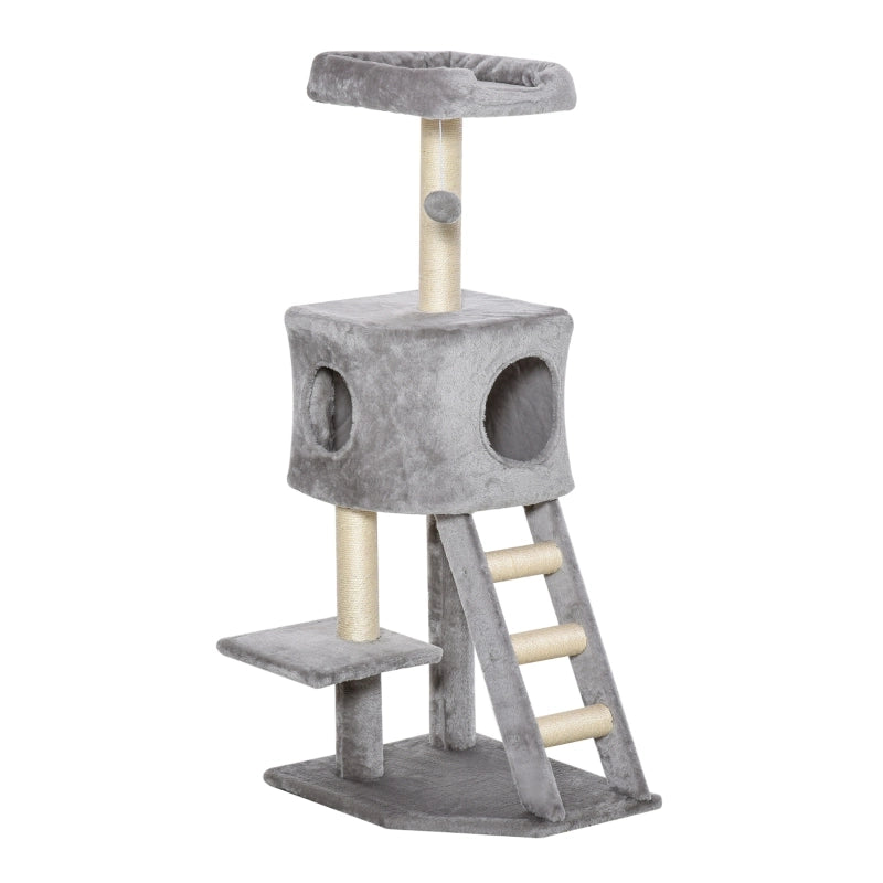 Albero tiragraffi per gatti multi-livello 120 cm con cuccia, piattaforme e scala, grigio chiaro