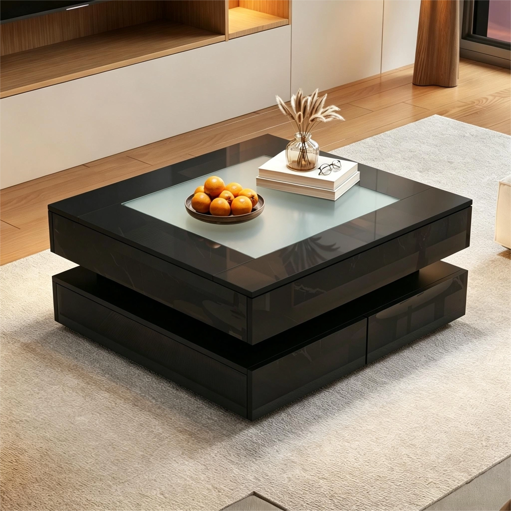 Tavolino da caffè con 3 cassetti e LED - per soggiorno - 70 x 70 x 35 cm - nero