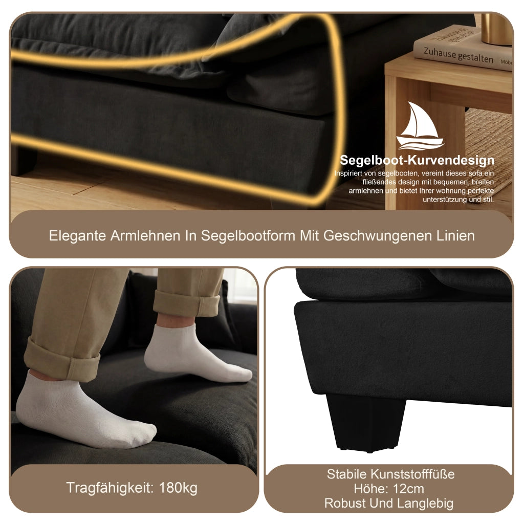 Divano modulare angolare a U con pouf mobile in chenille nero, schienale alto, braccioli larghi, 323 × 151 × 90 cm