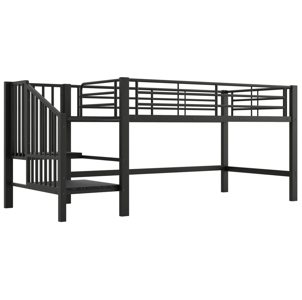 Letto a soppalco 90x200 cm nero in MDF e metallo; scala contenitore