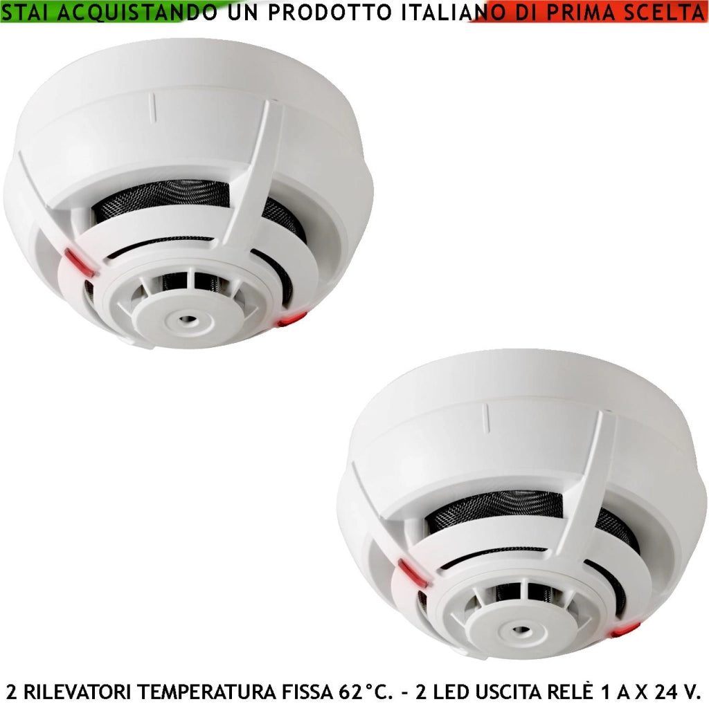 SENSORI TEMPERATURA SOGLIA FISSA 62° C 2 RILEVATORI TERMOVELOCIMETRICI USCITA RELÈ E STATO IMPIANTO 14 MA ALLARME ANTINCENDIO