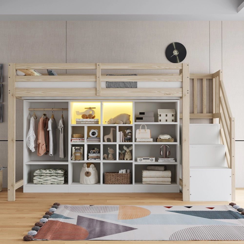 Letto a Soppalco con Armadio, Cassetti, LED e Scala ¨C Xylo ¨C 90x200, Legno