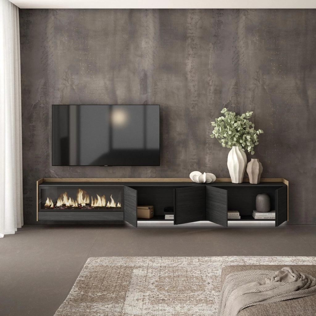 Mobile TV Soggiorno, 315x50x35 cm, Per TV fino a 80", Camino elettrico XXL, Sospeso, da appendere, LED, Nero e rovere
