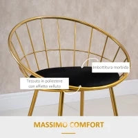 Set 2 Sgabelli da Bar Alti con Schienale e Poggiapiedi per Salotto o Cucina Stile Moderno, Cuscino in Velluto e Struttura in Metallo, 52.5x47x97cm, Nero e Oro