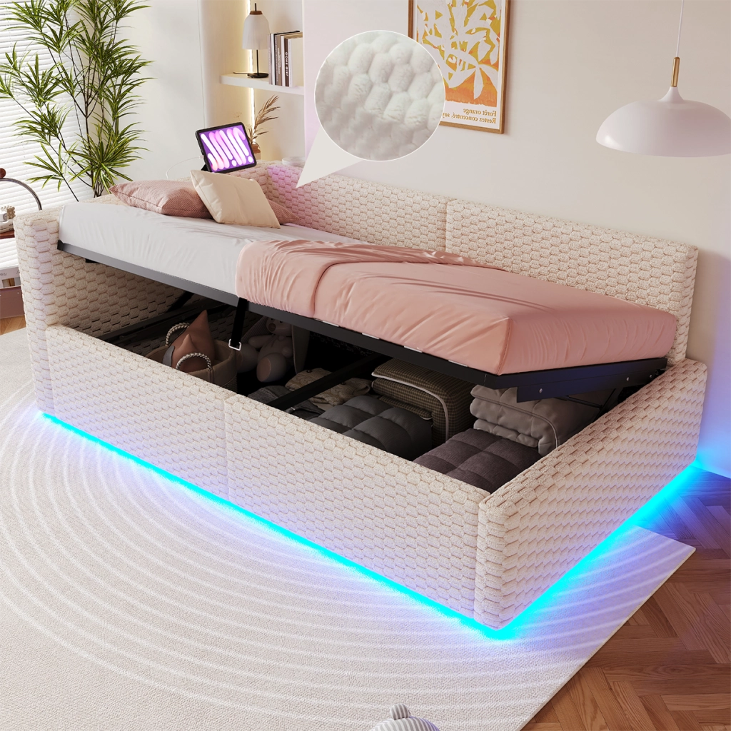 DESMIU Letto Divanetto 1 Piazza con Contenitore, LED, 2 USB e Tipo C 90 × 200 cm, senza Materasso, Beige