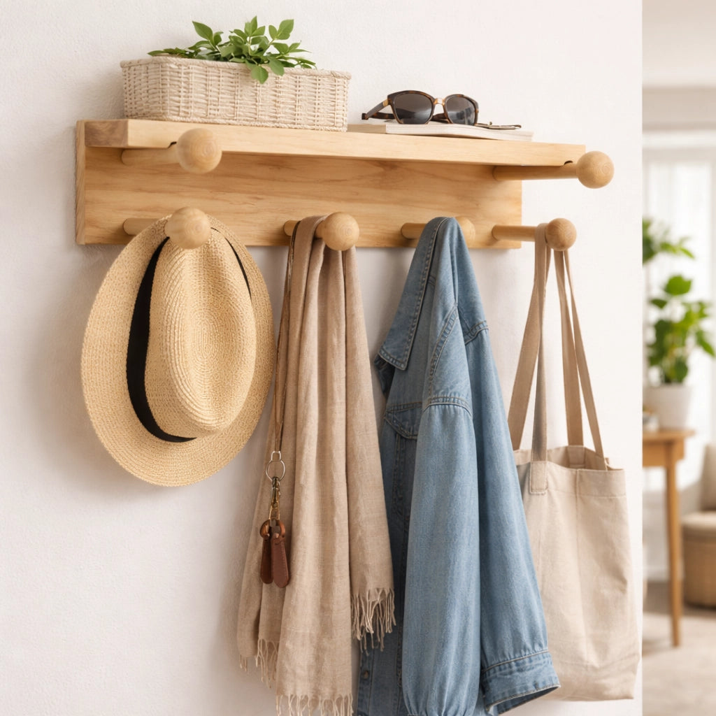 Mensola Appendiabiti in Legno Naturale 40 cm con 6 Ganci da Parete | 74212