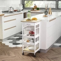 Carrello da Cucina Salvaspazio in Legno di Pino e MDF, Carrello Portaoggetti con Cassetto, Cestello, 2 Vassoi e 4 Ruote Universale, 37x37x82cm, Bianco