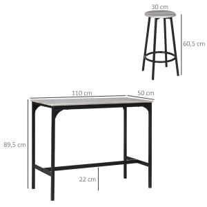 Set tavolo alto con 4 sgabelli, 5 pezzi, design industriale, MDF, grigio