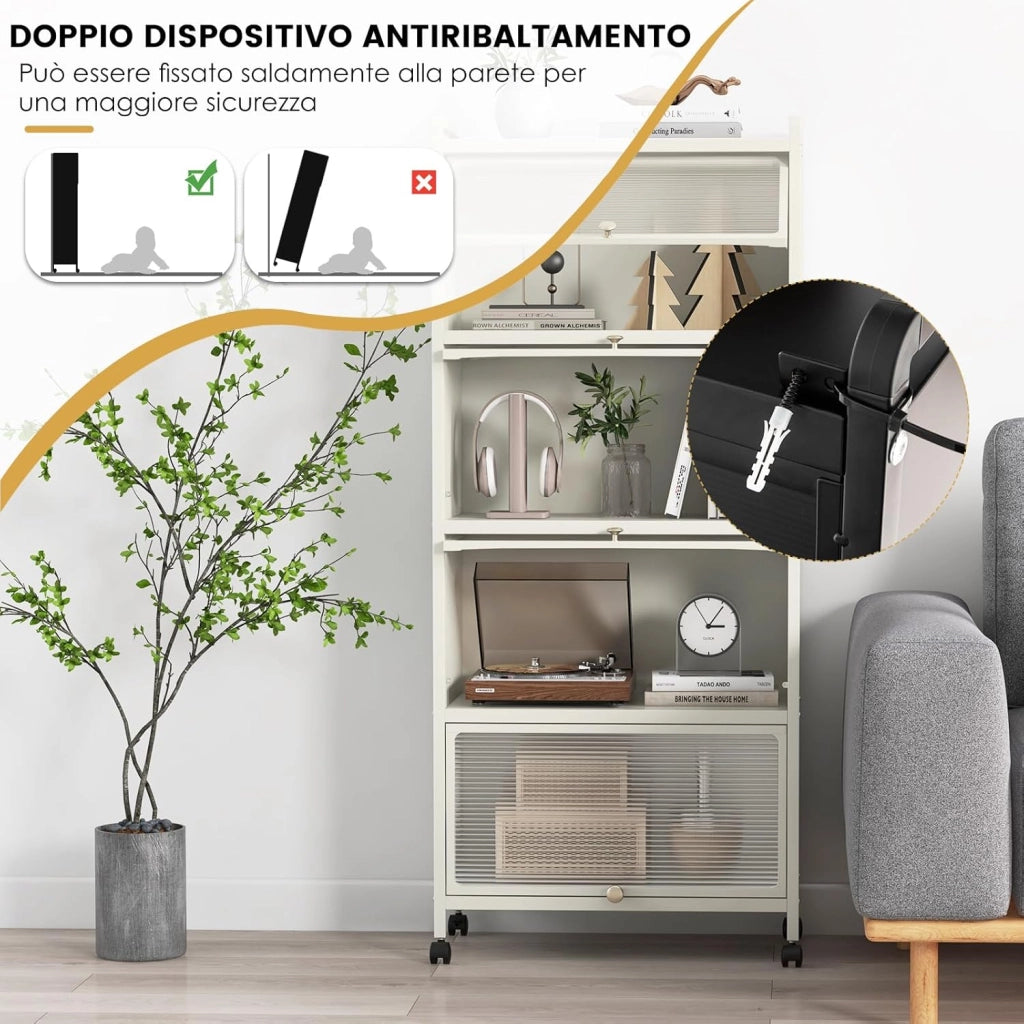 Armadio da Cucina a 5 Piani, Mobile Cucina Dispensa con Porte PC a Scomparsa, con 4 Ruote Girevoli, per Sala da Pranzo Soggiorno e Studio, 60x32x154 cm (Bianco)