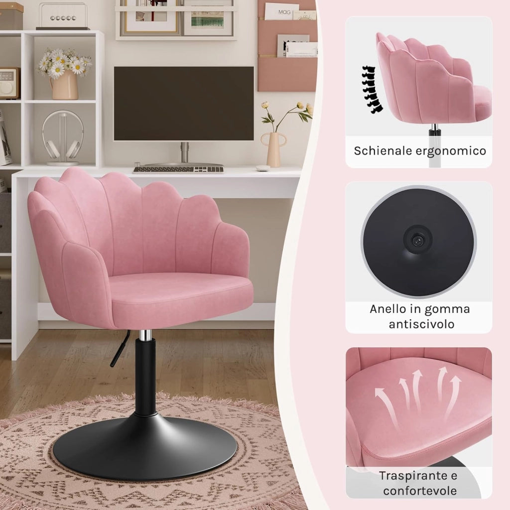 Sedia da Trucco, Poltrona Girevole in Velluto, Regolabile in Altezza per Camera da Letto, Soggiorno, Rosa