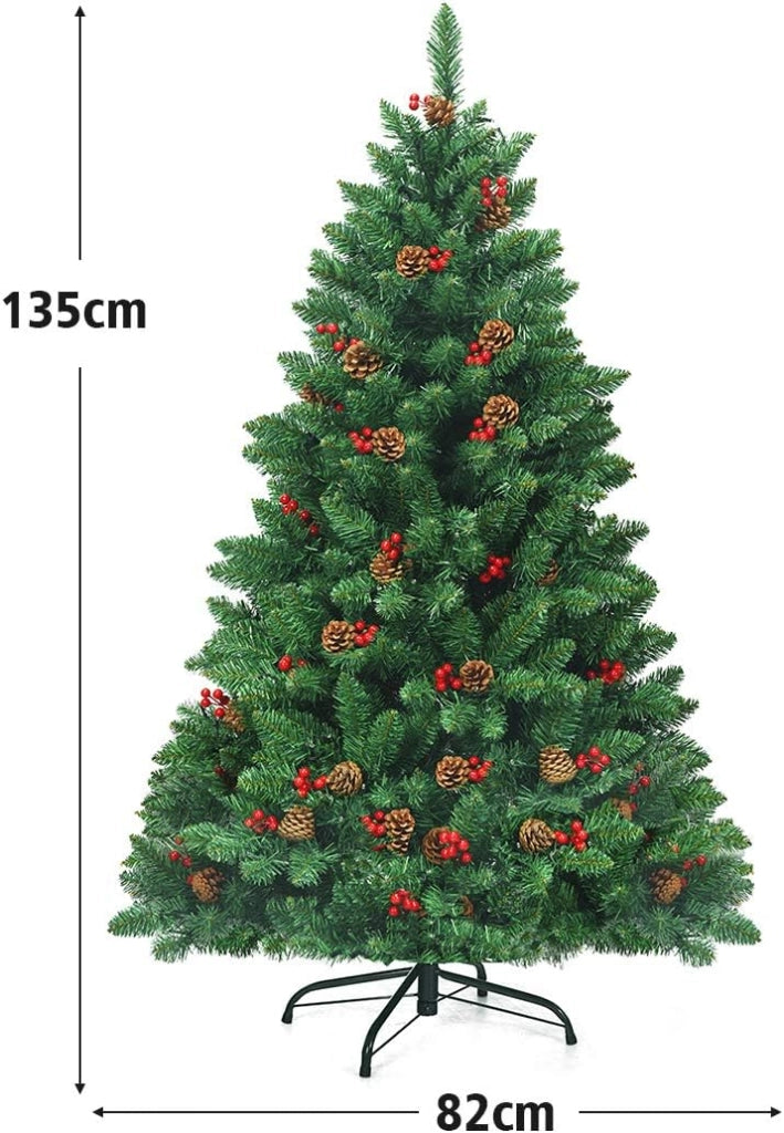 Albero di Natale da 135/195 cm, Albero di Natale Artificiale con 300/450 Luci LED Bianco Caldo, 516/1100 Rami, 32/56 Pigne e 32/56 Bacche Rosse e Base in Metallo, Verde (135cm)