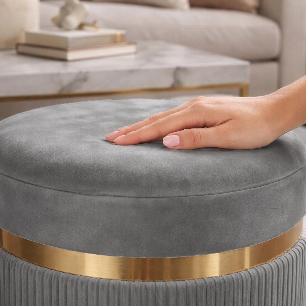 Set 2 Pouf Contenitore Grigio con Rivestimento Velluto Morbido Sgabelli Moderni