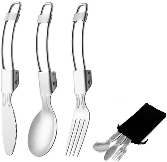 Utensiletti da Campeggio 3 in 1 Opnebbili - Cucchiaio, Forchetta e Coperchio Inclinabile in Acciaio Inossidabile - Utensile da Campeggio Portatile