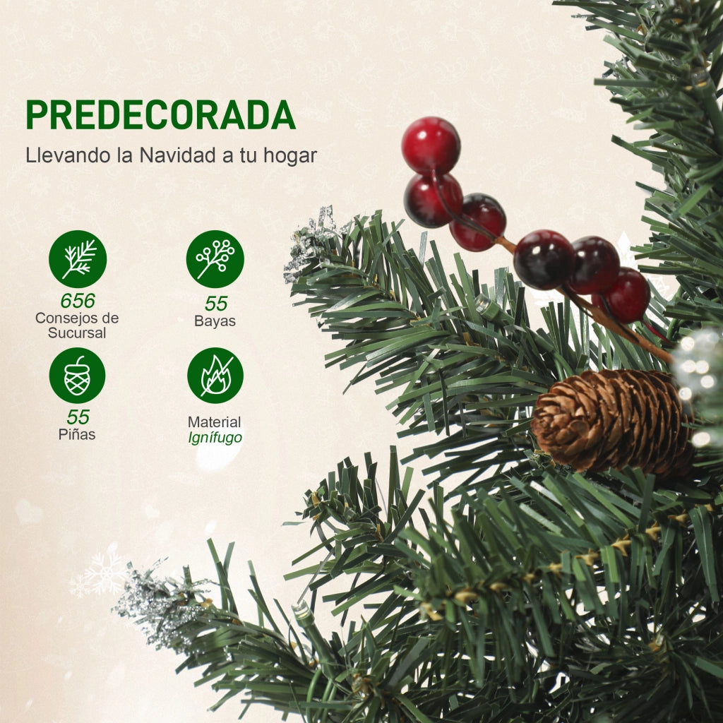 Albero di Natale 210 cm con Luci LED 8 Modi ¨C zephmum ¨C Verde con Ramaglie Argentate e Pigne
