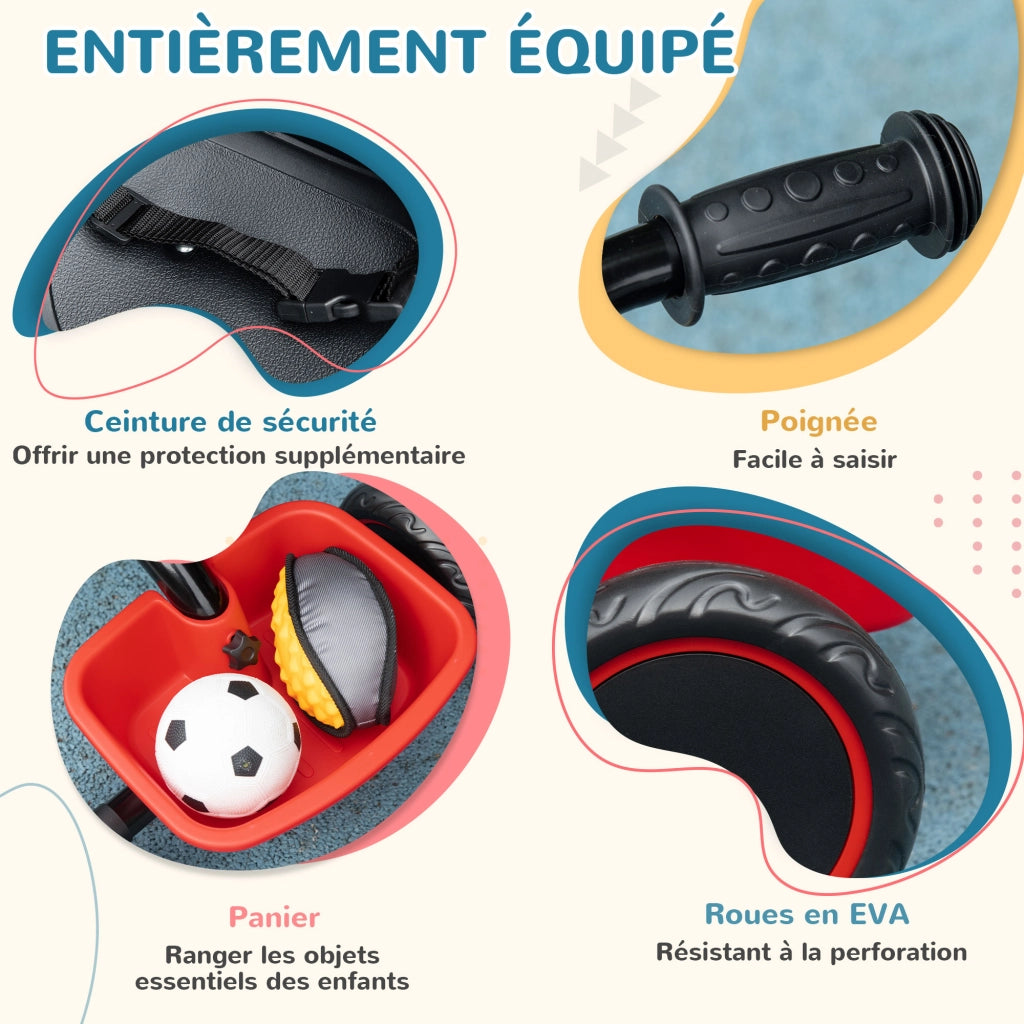 Triciclo Bambini Regolabile con Sedile e Cestini ¨C Minimal ¨C Rosso e Nero