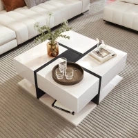 Tavolino da Salotto Quadrato Lucido con 4 Cassetti, Design Unico di Colori e Linee, Spazio Portaoggetti Inferiore, Bianco