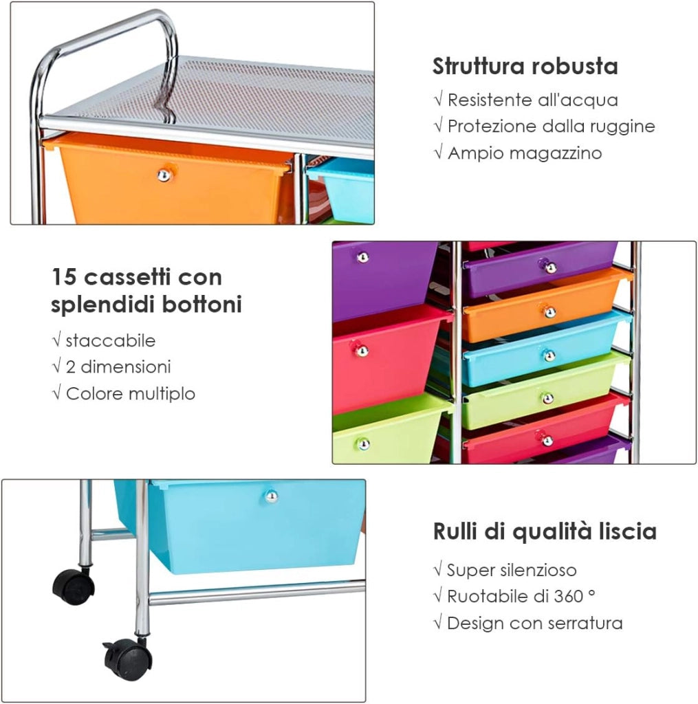 Carrello con 15 Cassetti Impilabili, Carrello di Stoccaggio con Ruote, Carello Portaoggetti per Casa e Ufficio, 62,5 x 37 x 87 cm (Vivace)