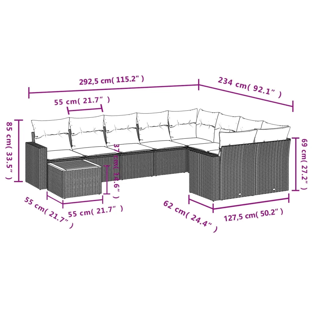 Set Divani da Giardino 10pz con Cuscini in Polyrattan Nero 3224285