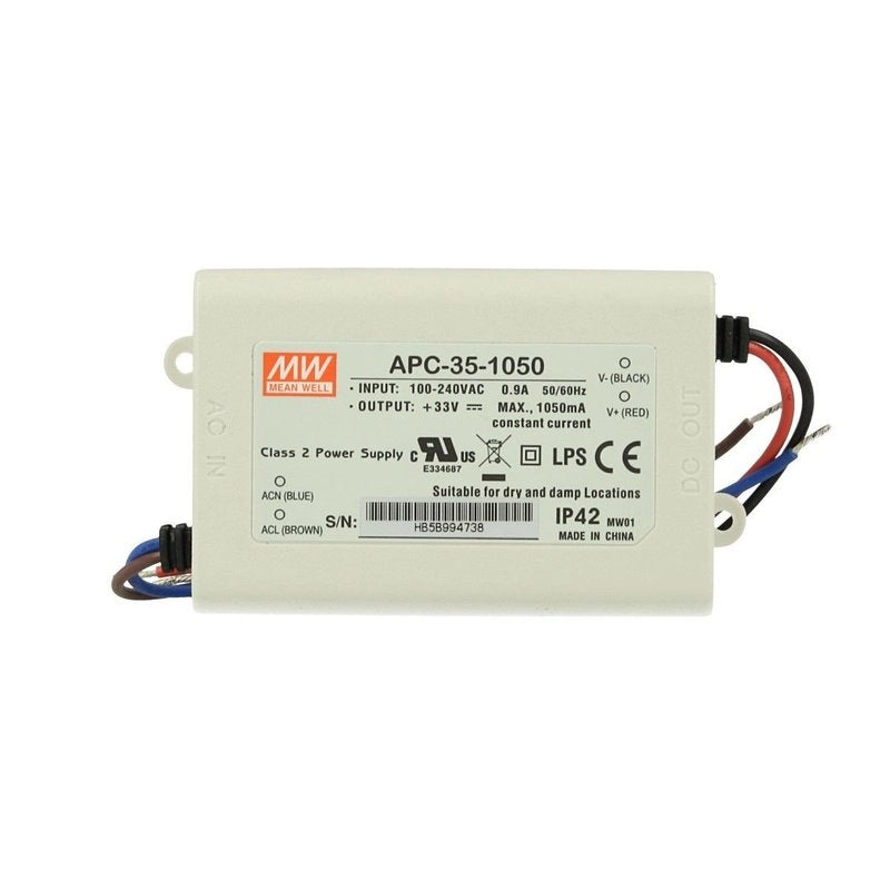 Led Driver CC MW MEAN WELL Serie APC Trasformatore Corrente Costante IP42 (1050mA 11V-33VDC 35W)