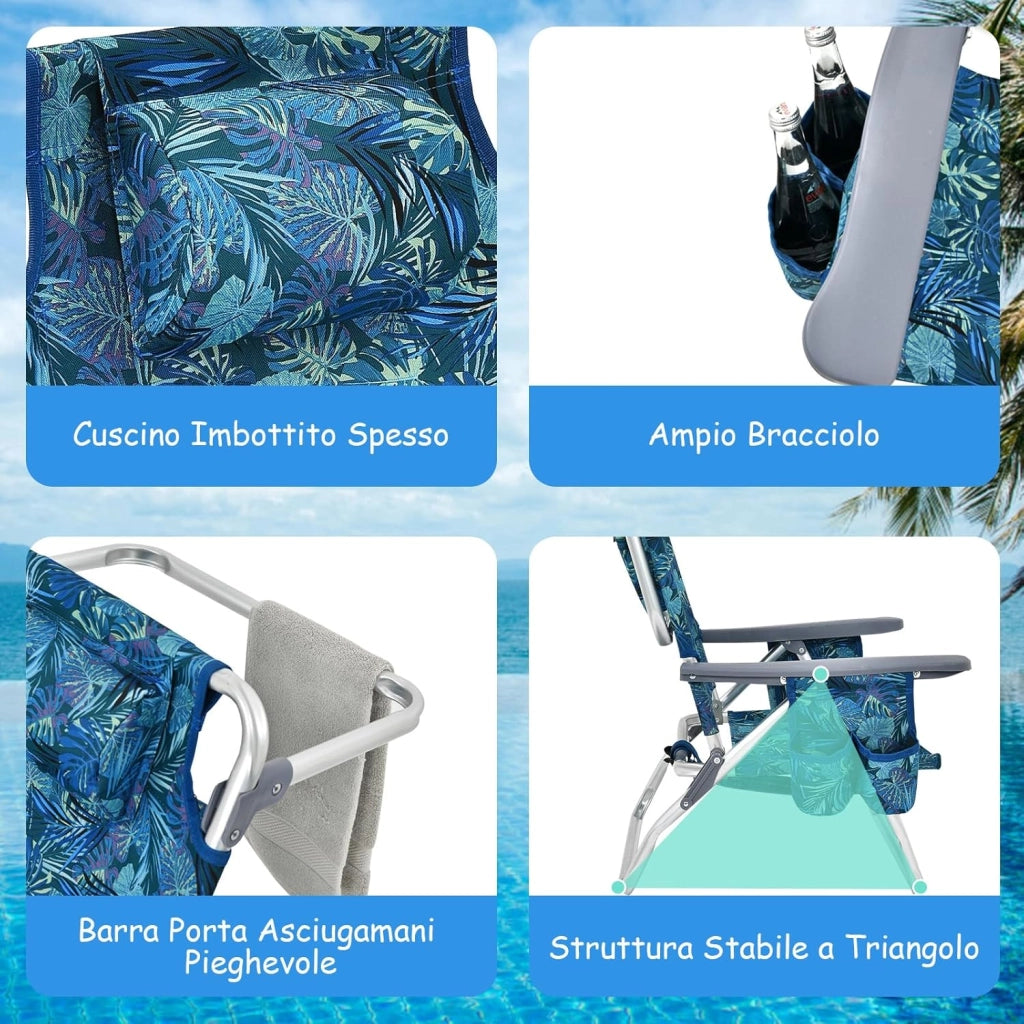 Set di 2 Sedie e Tavolino da Spiaggia Pieghevole, Schienale Regolabile a 5 Livelli, con Portatesta, Borsa Portaoggetti, Borsa Termica, per Campeggio Picnic Esterno (Blu Scuro, Modello 1)