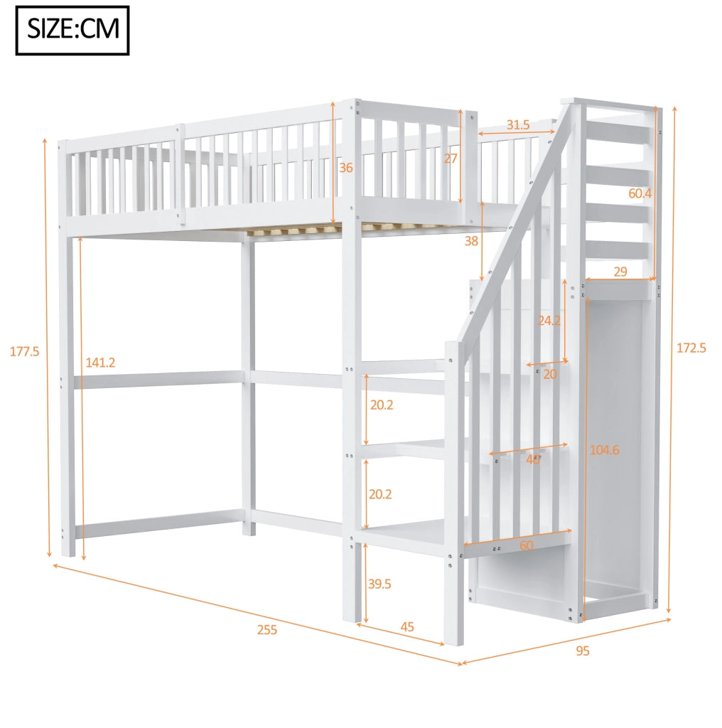 Letto a soppalco 90x200 cm; con scala e armadio; legno; bianco (Senza materasso)
