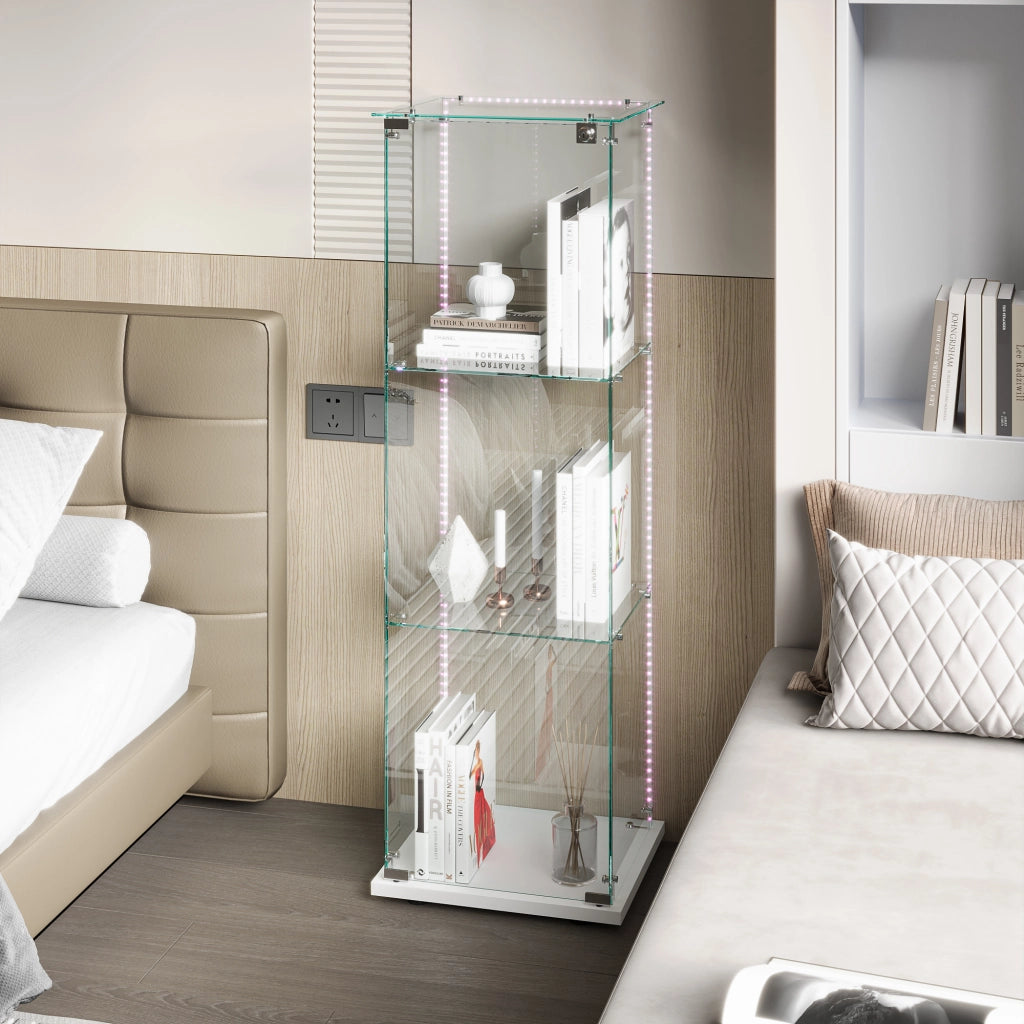 Vetrina espositiva in vetro temperato base bianca con luci LED RGB e serratura, 39,8x35x123,3cm, ripiani regolabili per collezioni e modellini