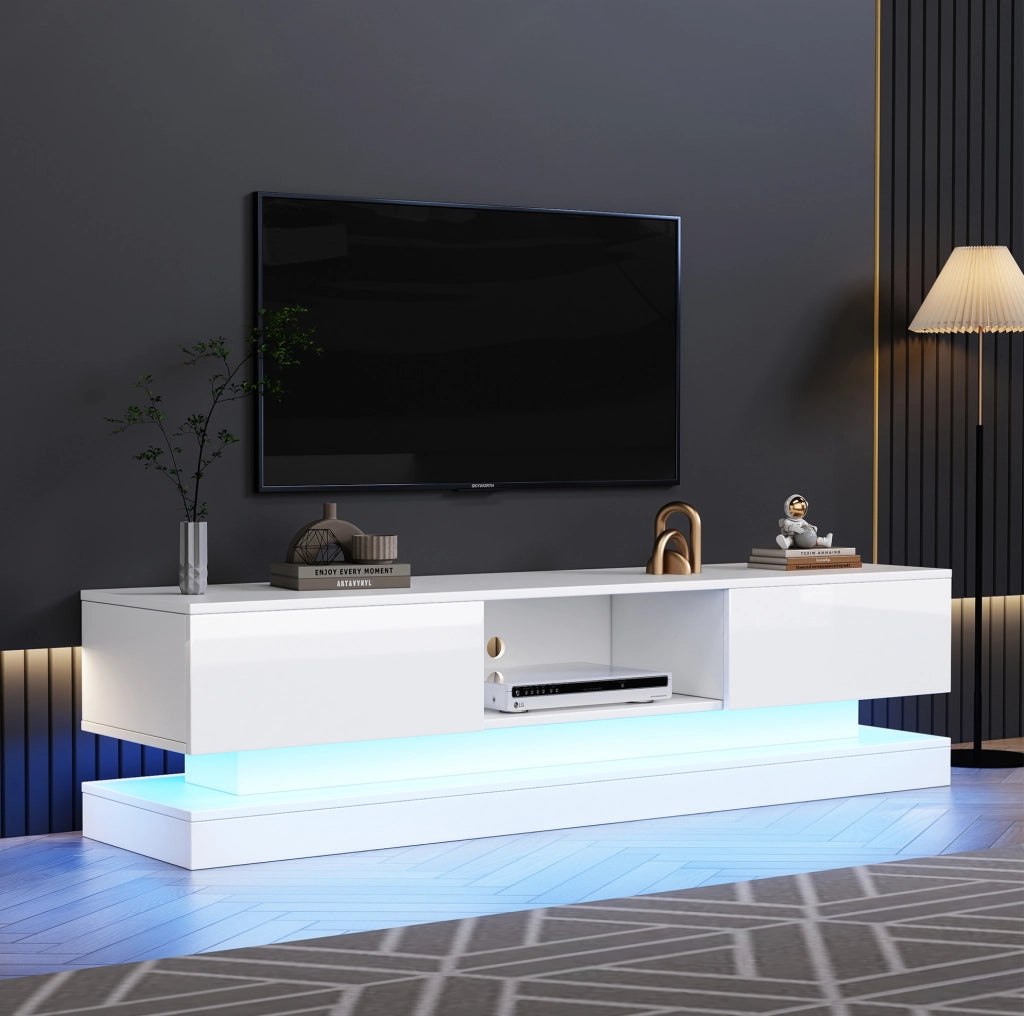 Mobile TV laccato bianco lucido con LED e cassetti